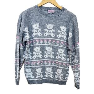Adele Knitwear Sweater Vintage 80s Teddy Bears Heart USA Gray‎ Women’s Large